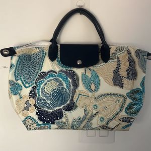 Longchamp Floral Tote in Teal, Navy & Cream